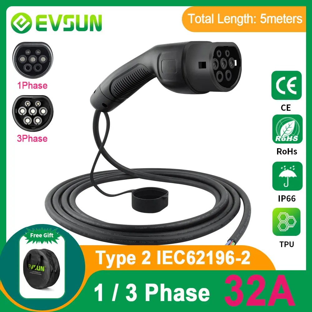 EVSUN 32A 8KW EV Charger Plug Type2 Cable 16A 1Phase Car Charging Station 3Phase 11KW 22KW IEC62196-2 Cord for Electric Vehicle