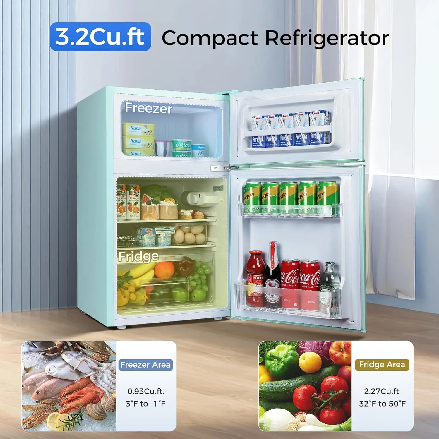 Mini Fridge with Freezer,3.2 Cu.Ft Compact Mini Refrigerator with Double 2 Door,Adjustable Temperature,Full Size for Hom