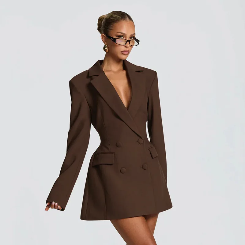 Neu eingetroffen: Elegantes Blazerkleid in Uni-Farbe mit tiefem V-Ausschnitt und tailliertem Schnitt für Damen – Detail 29