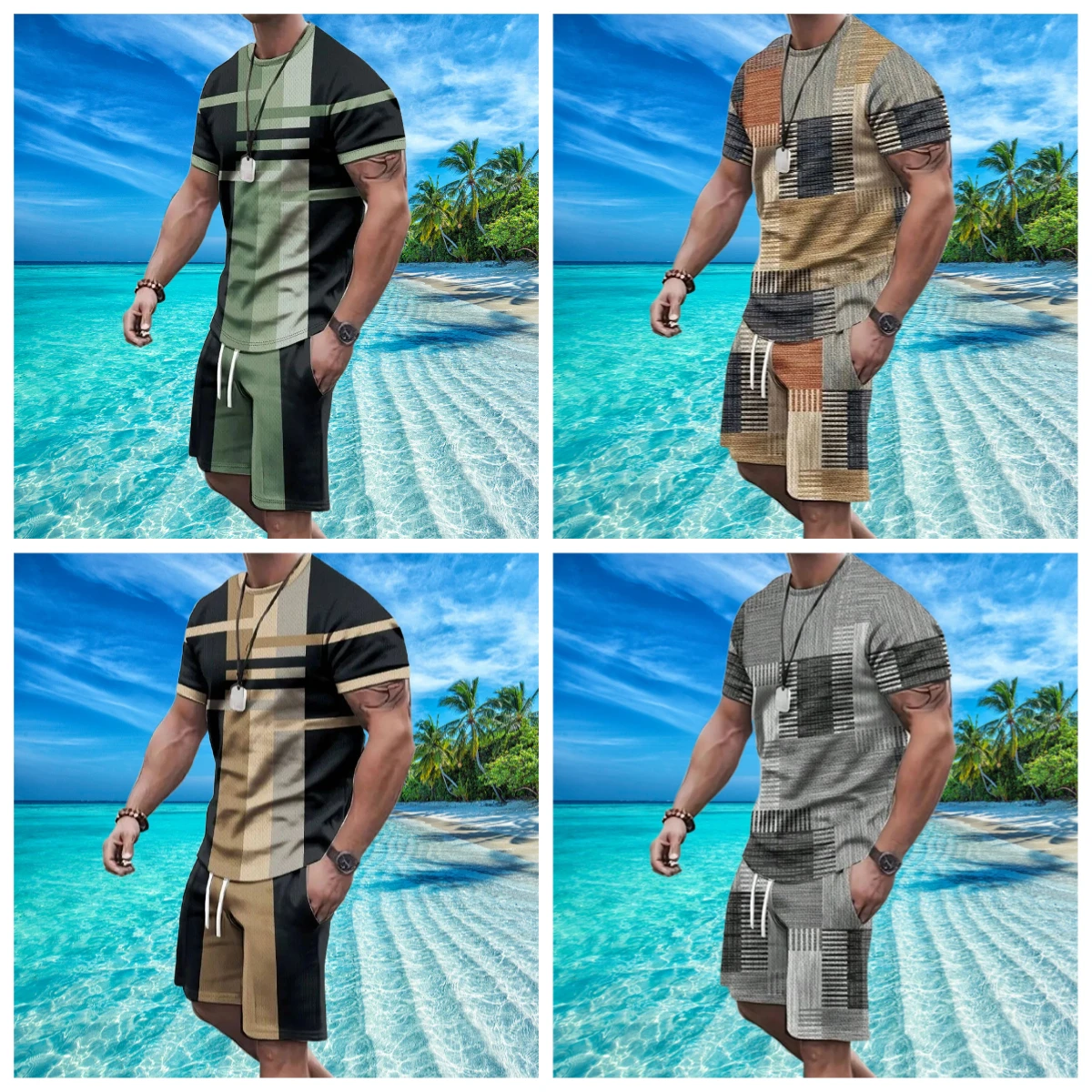 

Men Patchwork 3d Printing Short Sleeve Shorts Suit Summer Outdoor Sportswear Casual Fashion Sets Sweat Absorbent and Comfortable