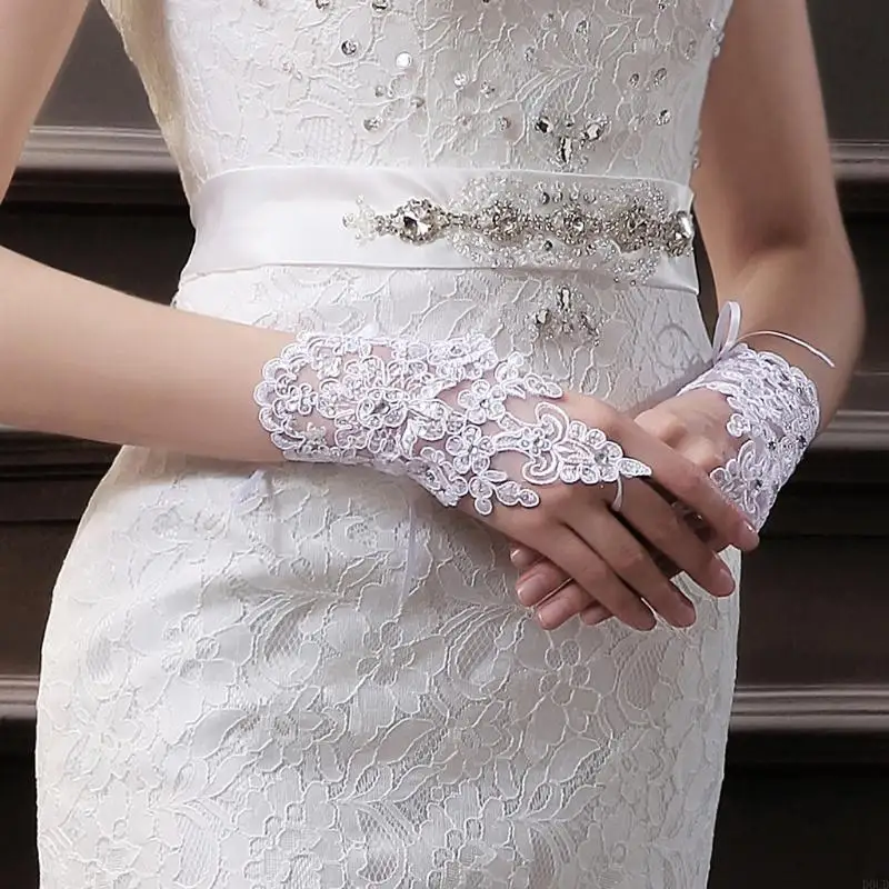D0UD Women Fingerless Short Lace Gloves Wedding Bridal Party Mittens with Finger Loop