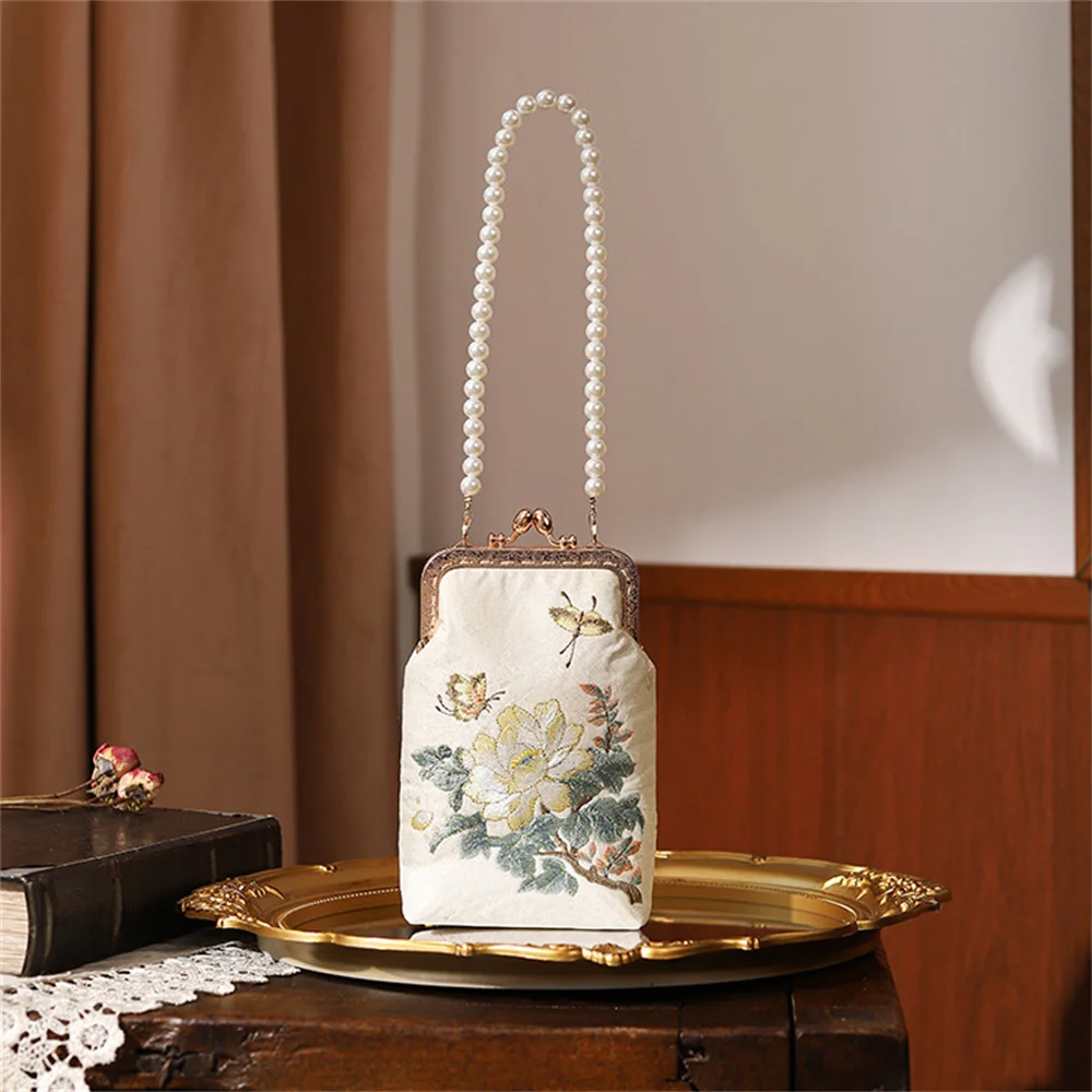 

Pearl Handbag Dual-Use Bamboo Handle Handbag Cheongsam Clutch Silk Satin Embroidered Handbag For Party Traditional Costume