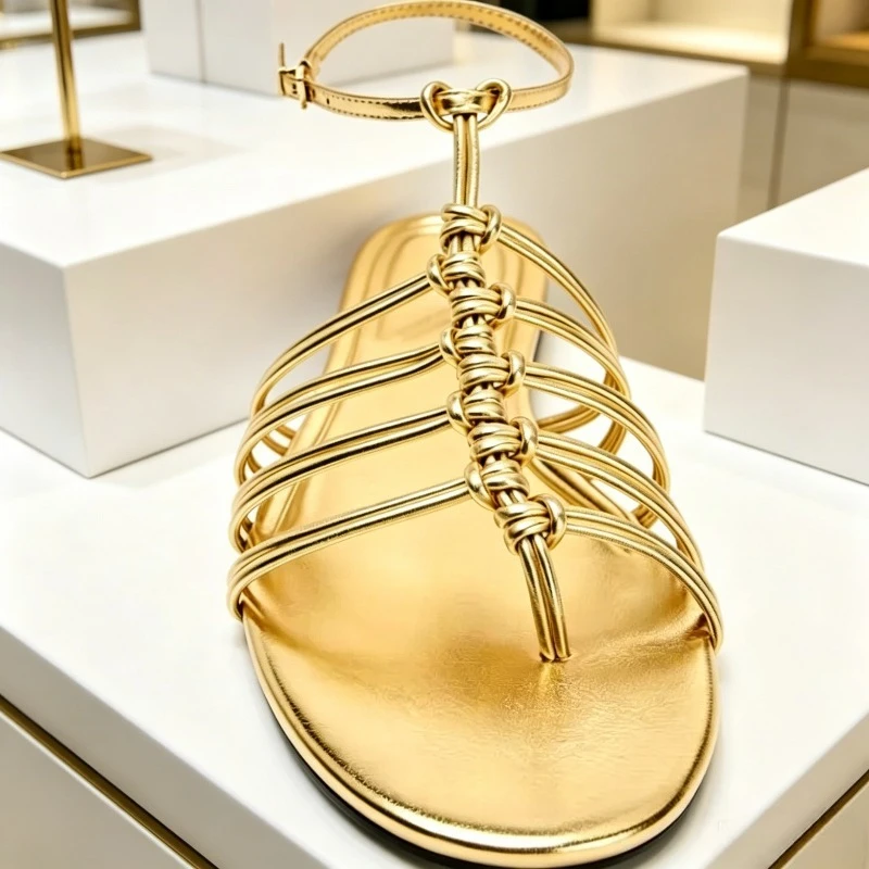 Metal Effect Flat Roman Sandals Women Multi-straps Details Round Toe Casual Beach Shoes Femme Clip Toe Women Summer Sandals 2026
