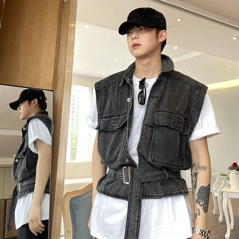 Vintage Sleeveless Cargo Jacket Streetwear Casual Denim Vest Men Fashion Coats Male Waistcoat Loose Men Clothing Jeans Gilets