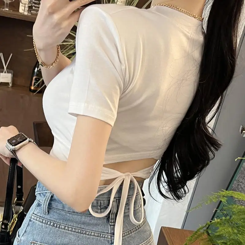 Women's Sexy Backless round Neck Short Sleeve T-Shirt Tight Fit White Cotton Commute Style Korean Version Summer Top