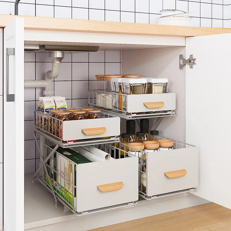 Modern Simplicity Kitchen Seasoning Rack Under Sink Storage Rack Pull Out Cabinet Lift Layered Storage Double Layer