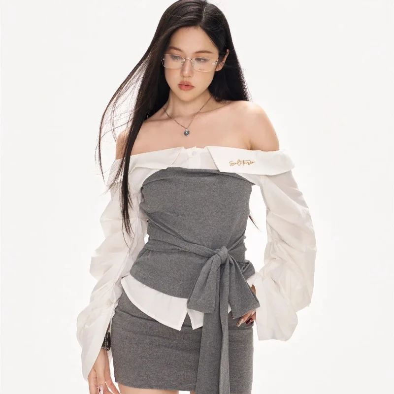 

Deeptown Gray Lace Up Women Shirts Embroidery Off Shoulder Long Sleeve Fake Two-piece Blouses Elegant Korean Fashion Slim Gyaru