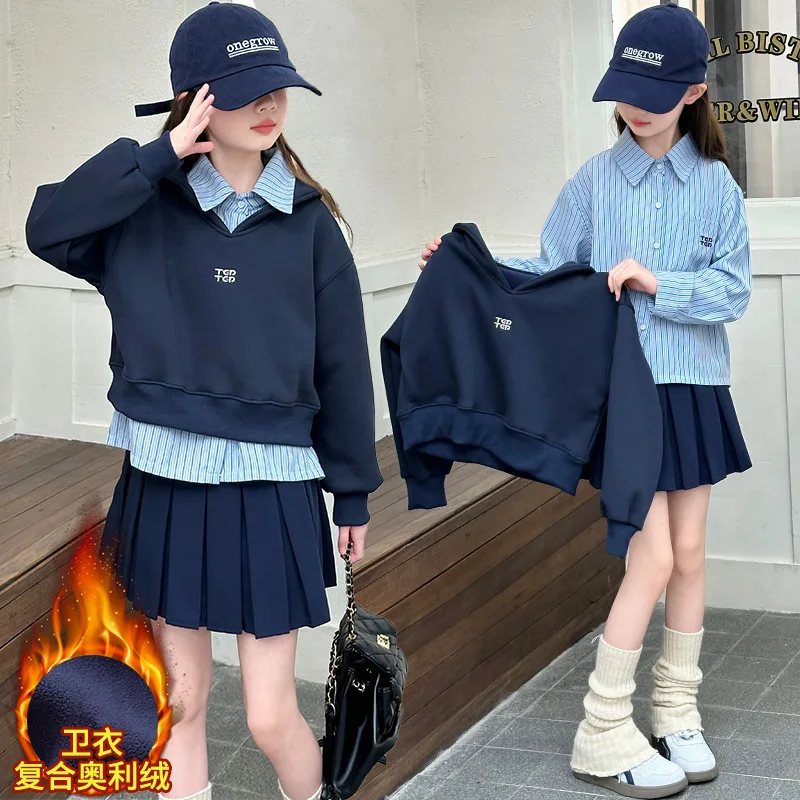 junior girls JK clothes set 2024 Autumn winter Korean stripe Shirt+Thick hoodie+Pleated Skirt teen kid 3pc suit Children outfits