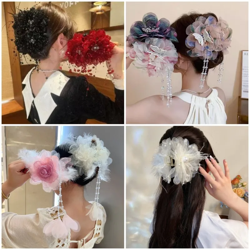 

French Romantic Elegant Flower Feather Tassel Grasping Clip Puffy Shark Clip For Women Headwear Hair Accessories Headwear