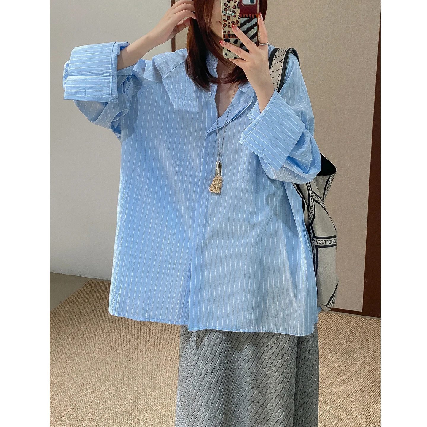 

Phil Dan Hong Kong Sle Casual Artistic Loose Long irt Waed Cotton Striped oulder Sve Women's Premium Spring irt