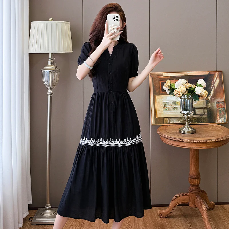 YZJNH 2026 Summer New Dress Female French Style Black Short sleeved Dress Embroidered Casual Large Size Dress Female