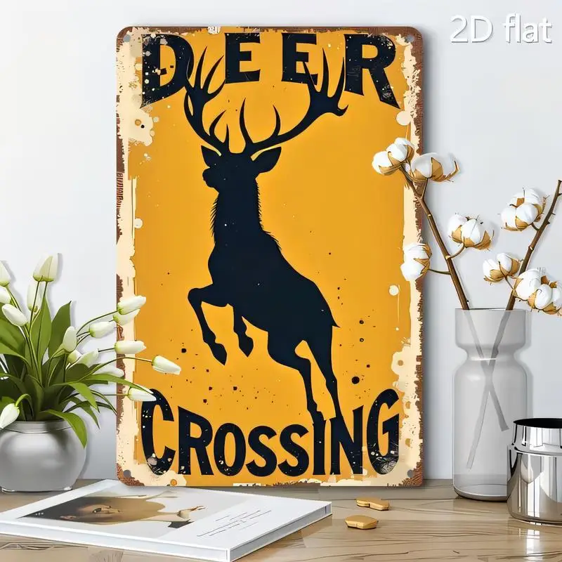 Deer Crossing Vintage Distressed Metal Sign - Retro Yellow & Black Deer Silhouette Wall Art, Iron, Rustic Decor for Home, Cabin,