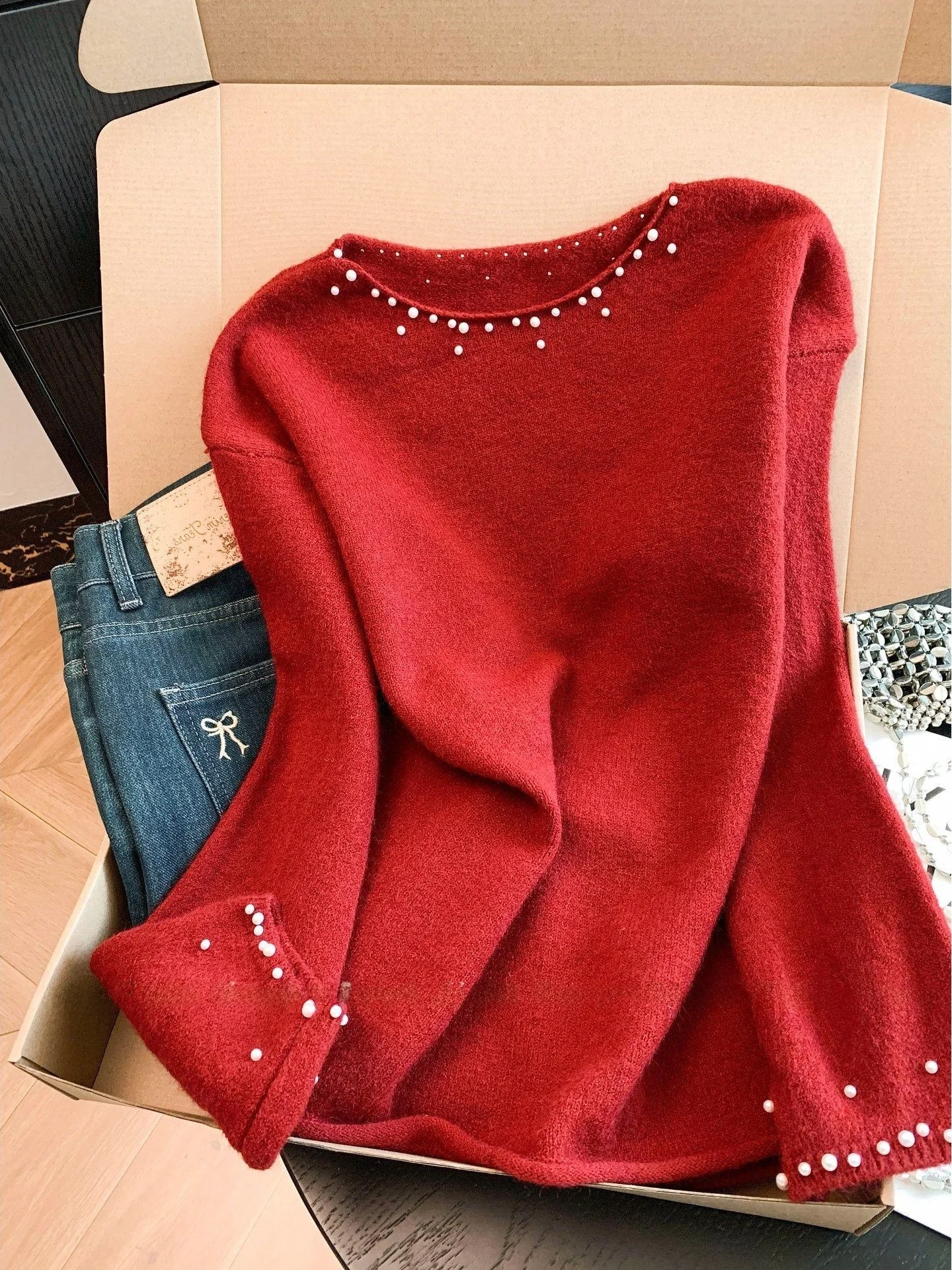 

Мягкий вязаный свитер Sweet Sle с жемчужной отделкой, в корейском стиле, из мягкого полиэфирного волокна, повседневный женский топ