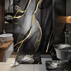1/4pcs Black Golden Marble Pattern Bathroom Set, Waterproof and Insulating Multifunctional Shower Curtain, with 12 Hooks, Non-sl