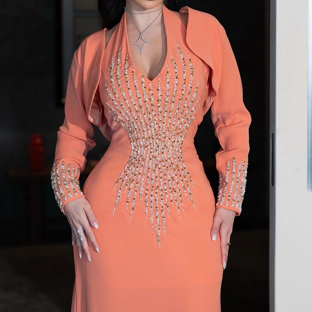 Customized A-line Evening Dresses Floor-length V-neck Full Sleeve Prom Gown Fashion Crystal Beading Simple Draped Party Gown