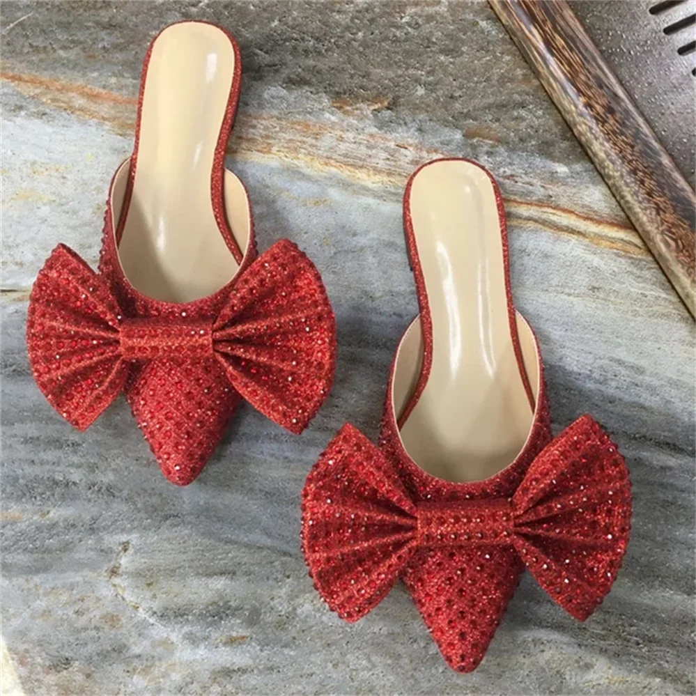 

New European and American Baotou half slippers, female 2022 spring and summer bow, pointed flat heel Muller shoes mules slippers