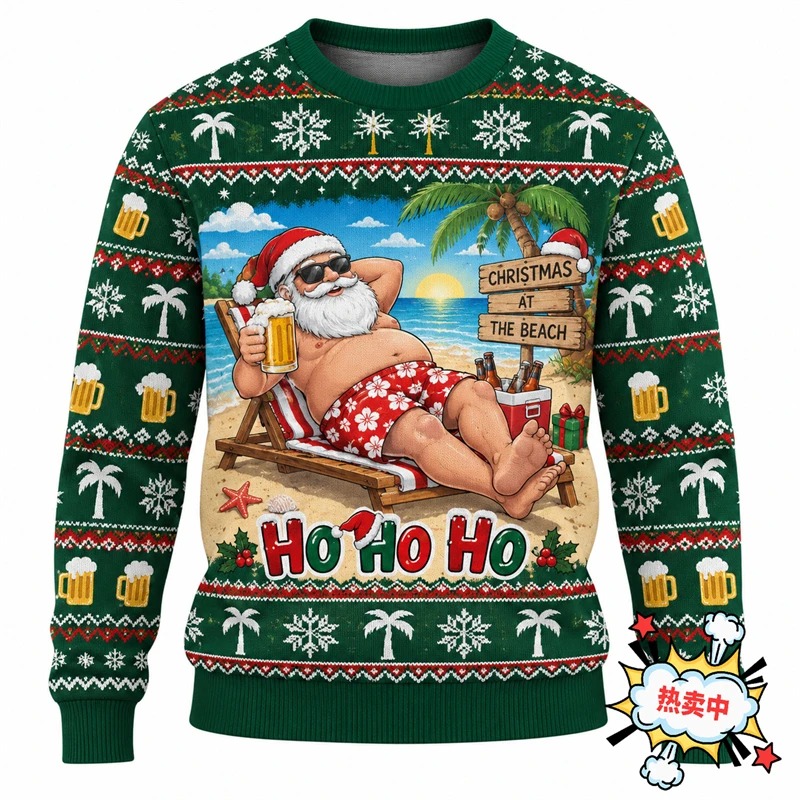 Men Ugly Sweater 3D Print Beach Santa Claus Graphic Christmas Sweatshirt Funny Pattern Xmas Holiday Party Pullover Vacation Tops