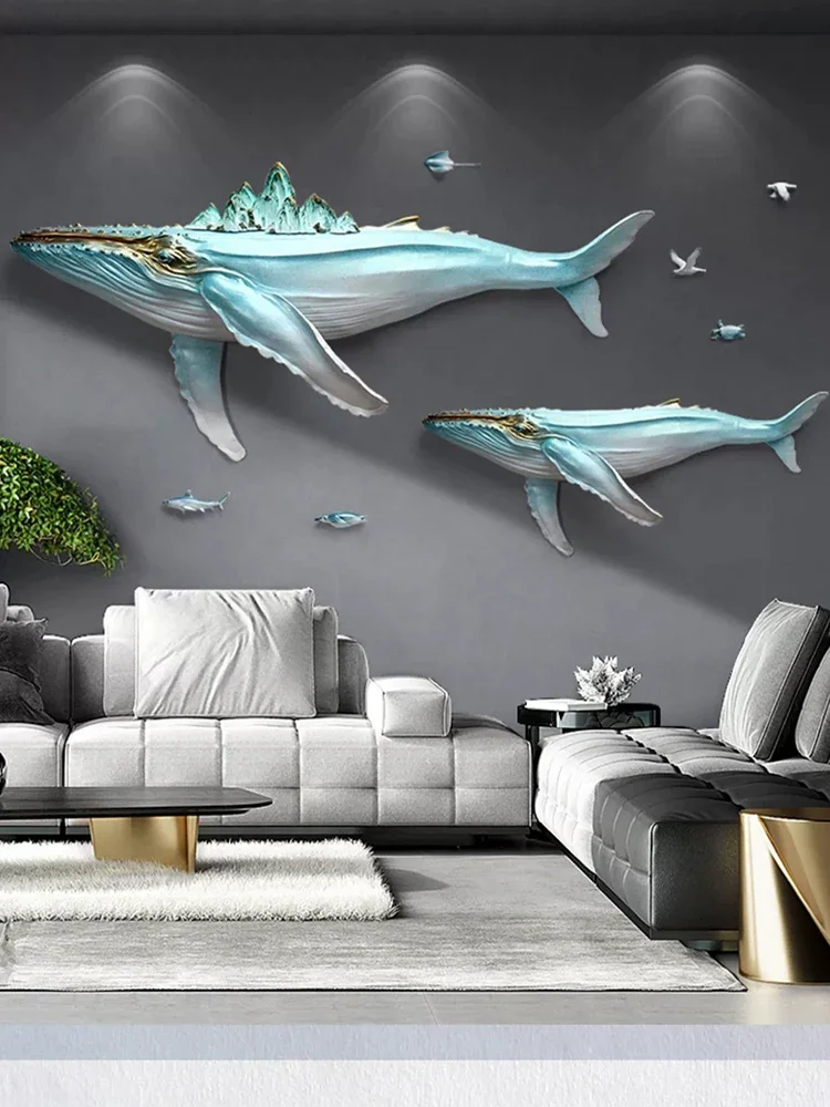 Home Decor Sculpture 3D Whale Statues Wall Fish Statue Living Room Sofa Background Wall  Room Decor Hanging Painting