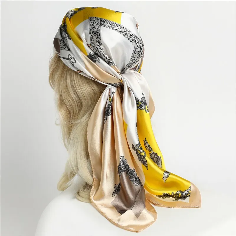 90CM Kerchief Silk Satin Four Seasons Square Beach Stoles Luxury Print Sunscreen Shawls Wraps Hijab Popular Bandana Accessores