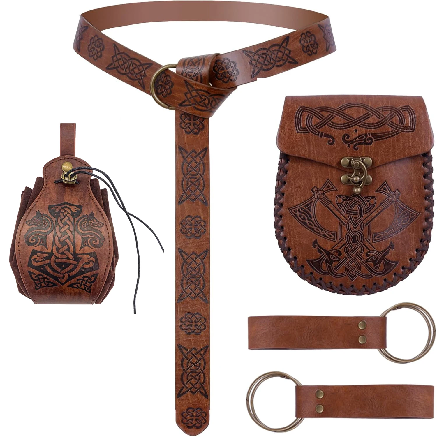 Medieval Fantasy Style Costume Accessories Celtic Knot Pattern Leather Belt Punk Fanny Pack Drawstring Coin Purse Skirt Clips Viking Knight Cosplay Props