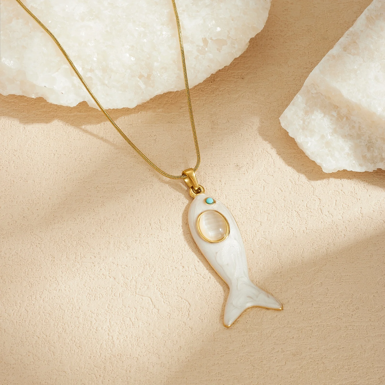 Stainless Steel White Glazed Enamel Fish Pendant Necklace For Women Classic Fashion Ocean Style Neck Chain Holiday