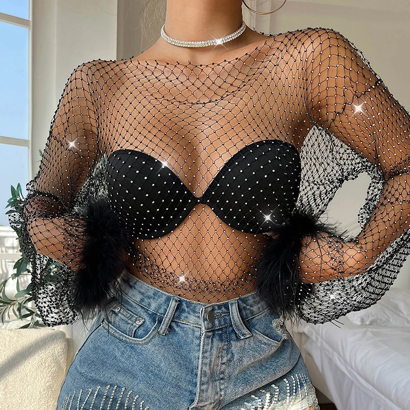 OMSJ Women Long Sleeve Fishnet Mesh T-Shirt Glitter Rhinestone Hollow Feather Cuff Transparent Cover Up Crop Top Nightclub Party