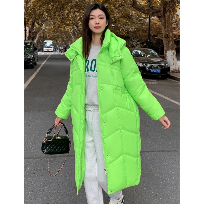 Women Black Medium Length Down Jacket White Hood Coat Fashion Windproof Thicken Duck Down Feather Female Solid Winter Outwear