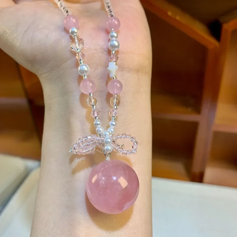 Crystal sweater chain fresh and sweet ins high-end neck chain women's accessories 20MM powder crystal single ball dragon ball