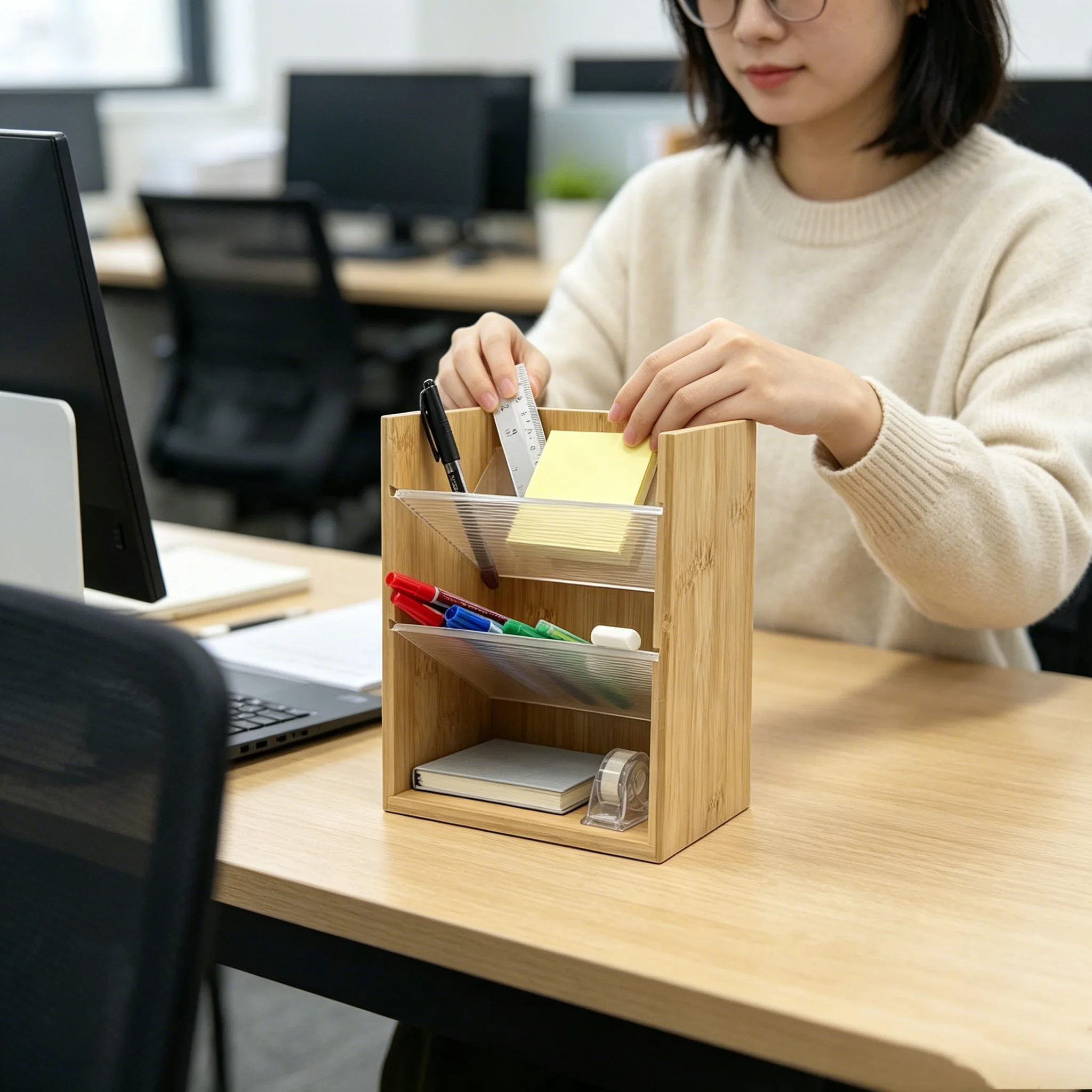 Bamboo Desktop Organizer Slanted Trays, Multi-Size Stationery Caddy for Pens Sticky Notes Office Bedroom Vanity Counter