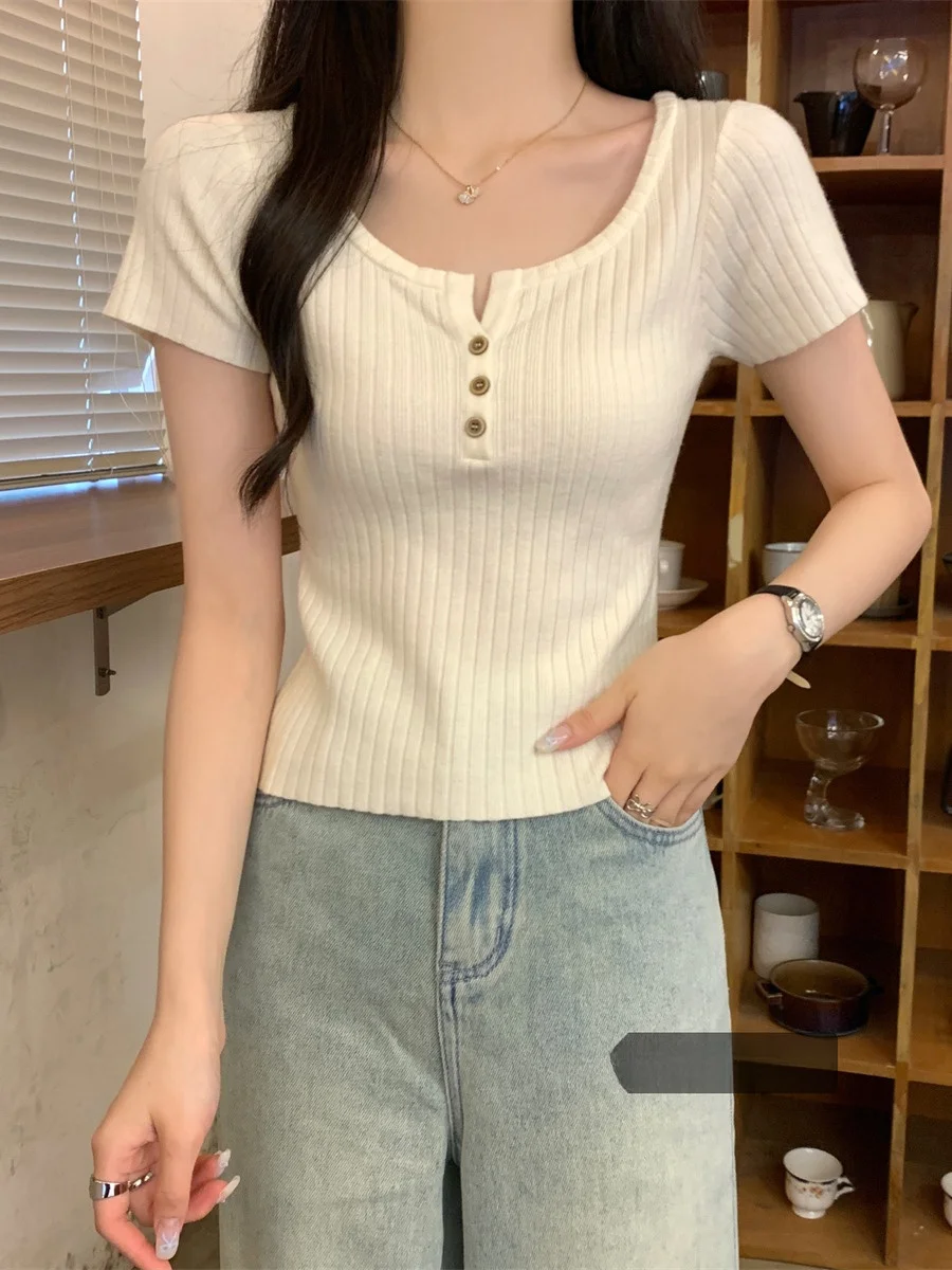 

Slim Fit Knitted ort Sve Women's Top Button Design Winter New Sle Commute Sle Korean Version Square Collar Base irt