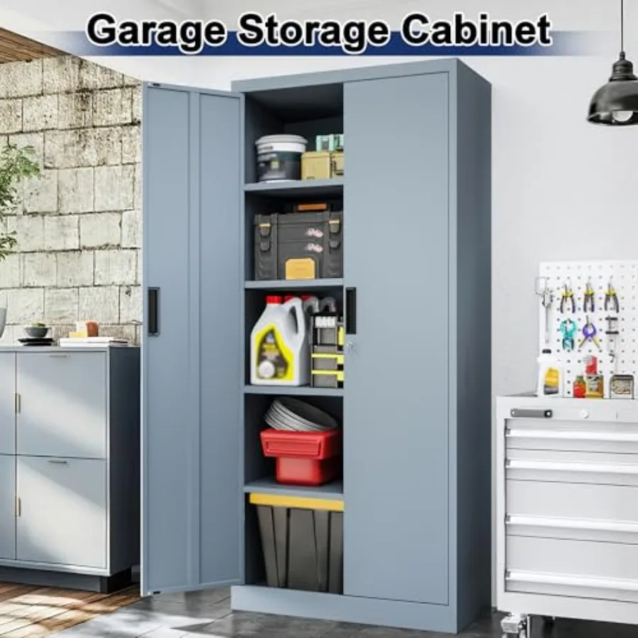 Metal Garage Storage Cabinet with Locking Doors and 4 Adjustable Shees, Gray Tall Storage Cabinets, Tool File Lockable Cabinet