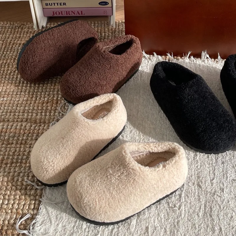 

Warm White Retro Plush Slippers Women's New Winter Outdoor Wearable Slip-On Padded Footbed High Heel Increase Slippers