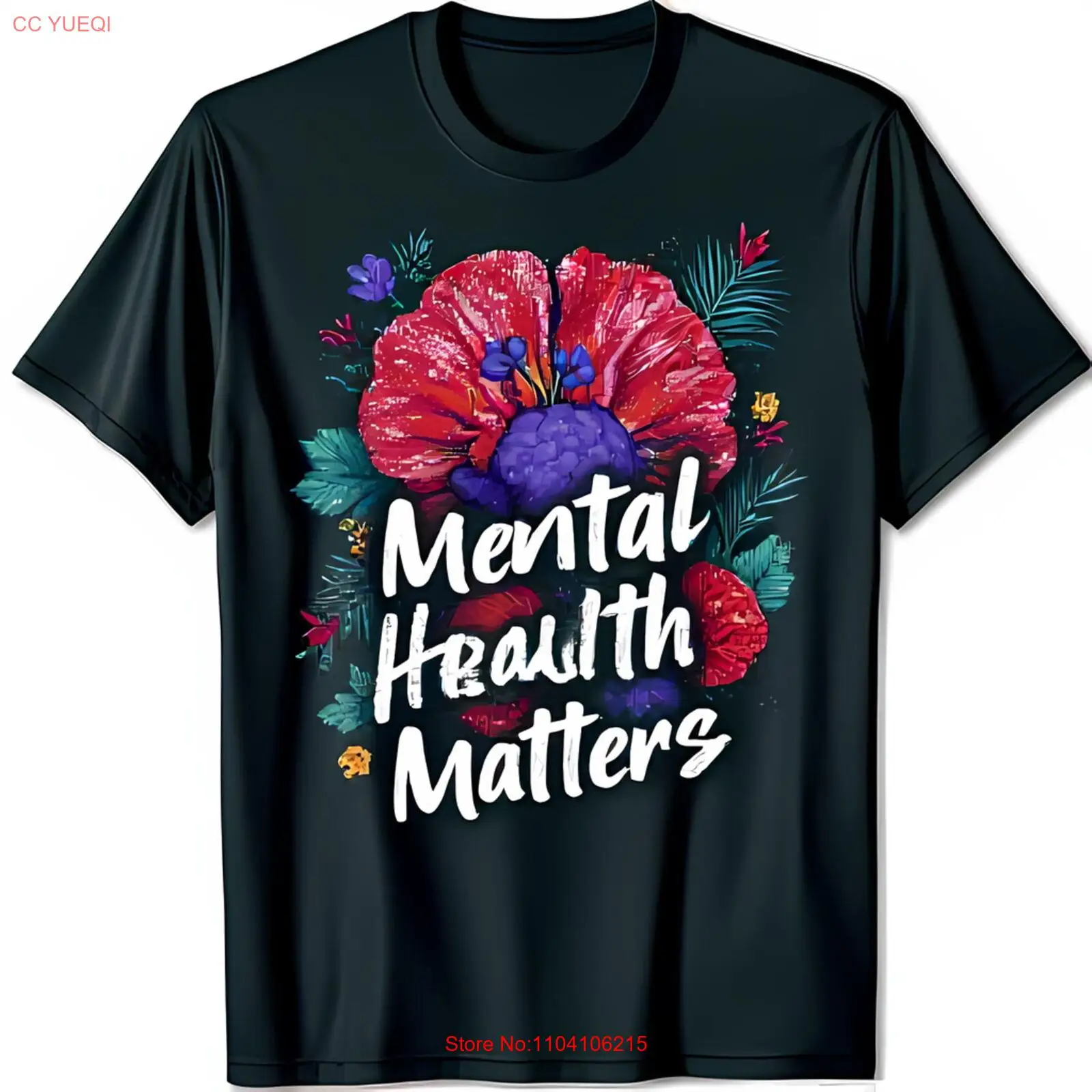 

Black T-Shirt with Unique Flower Graphic & 'Mental Matters' Design