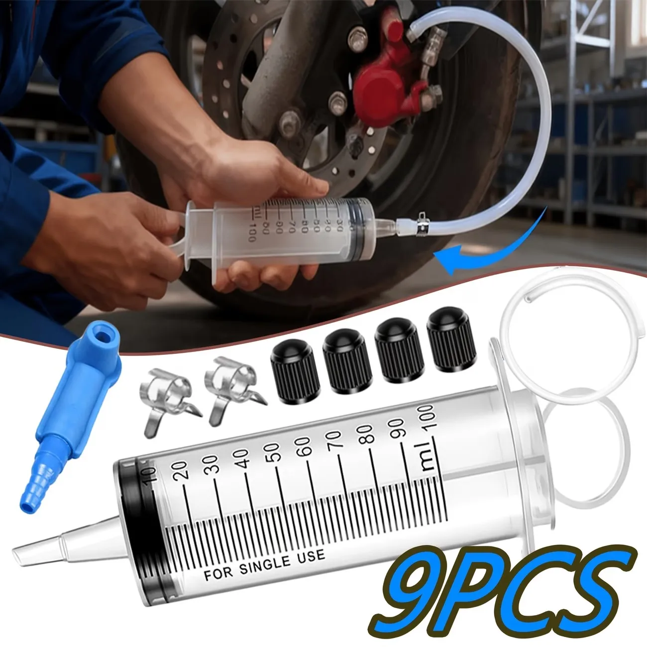 Image of 9-teiliges Auto- und Motorrad-Entlüftungsset für hydraulische Scheibenbremsen und Kupplungen, 100ml Multifunktionale Bremsflüssigkeits-Extraktions- und Befüllungsspritze mit Schlauchadapter