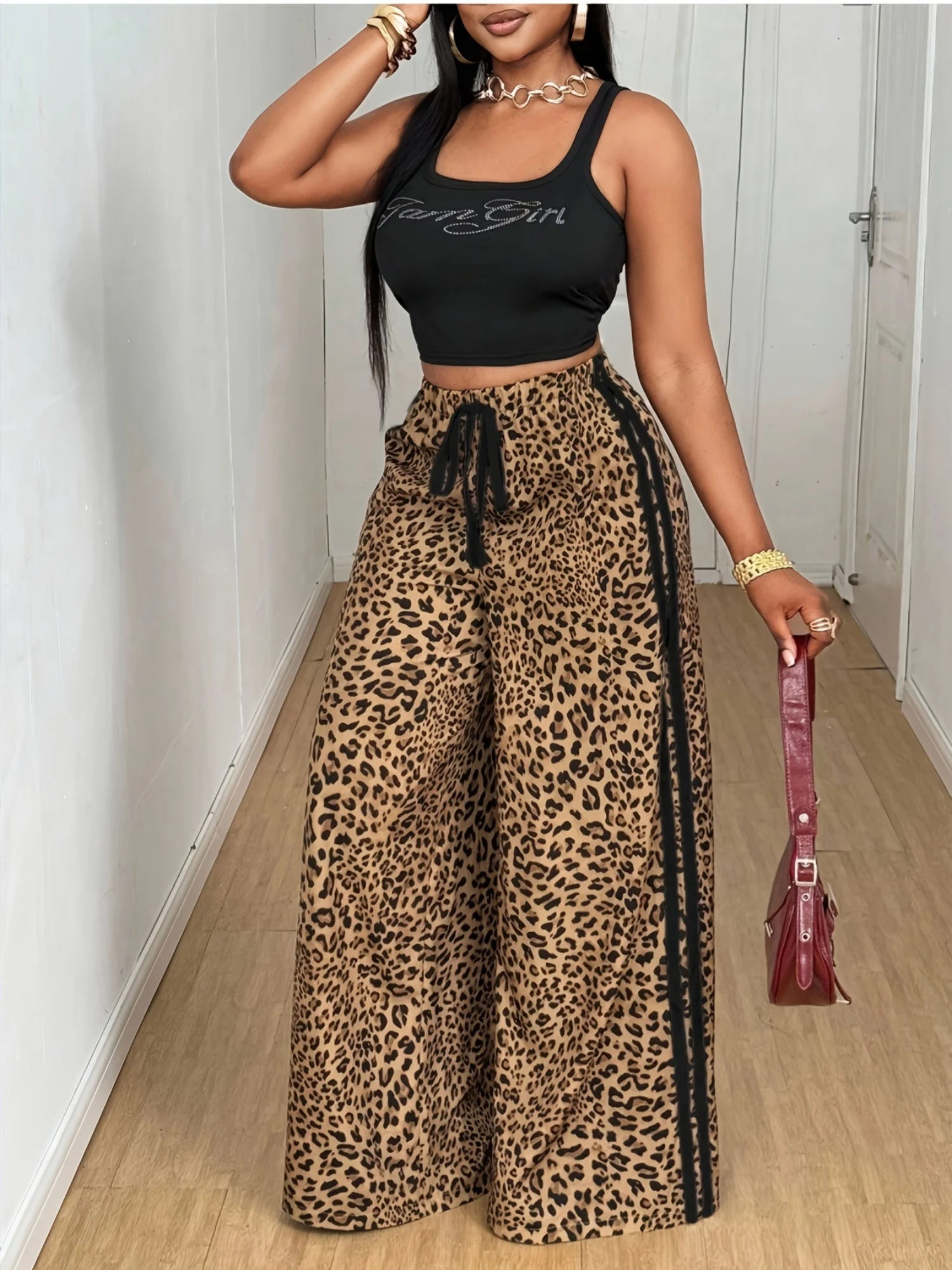 Women Animal Print Wide Leg Pants Leopard Snake Zebra Striped Side Stripe Drawstring Elastic Waist Casual Trousers