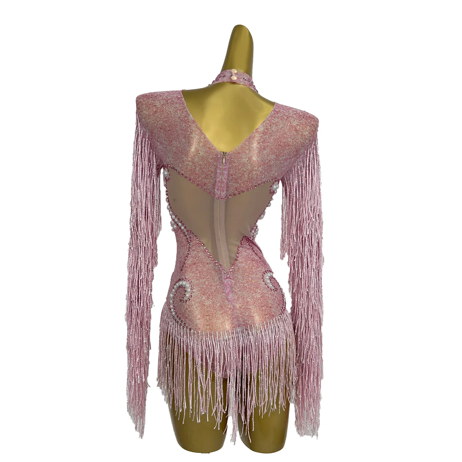 Latin Dance Leotard Stage Women's Pink High-end Pearls Tassel Bodysuit Samba Rhinestone Performance Costume Dress Yanhui