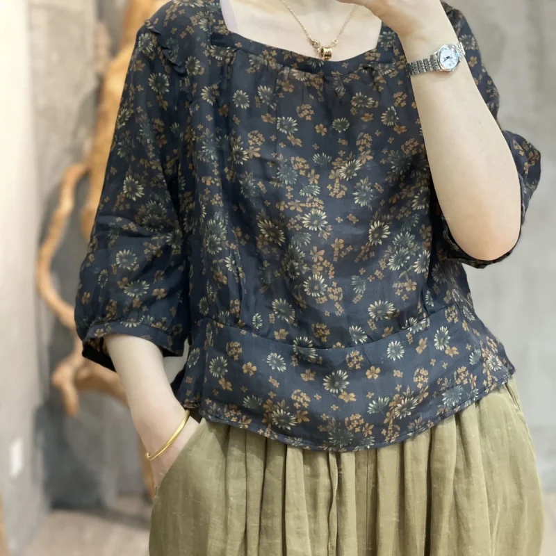 

Women's Retro Floral Print Blouse Square Neck 3/4 Sleeve Casual Summer Shirt