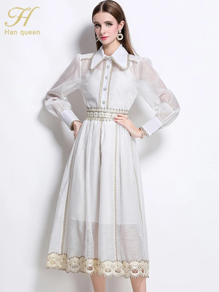 

H Han Queen Fashion 2 Pieces Set Women Lapel Long Sleeve Sheer Top + High Waist Spliced Lace Skirt Casual Simple Skirt Suit