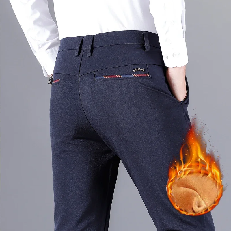 Winter Thickened Fleece Casual Pants Men's Warm Straight Tube Anti-wrinkle Non-iron Business Solid Color Suit Trousers Male