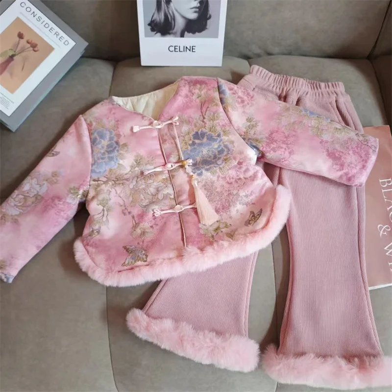

Girls' Clothing Pink Autumn Winter New Chinese Style Baby Girl Vest Pants New Chinese Style Children's Set