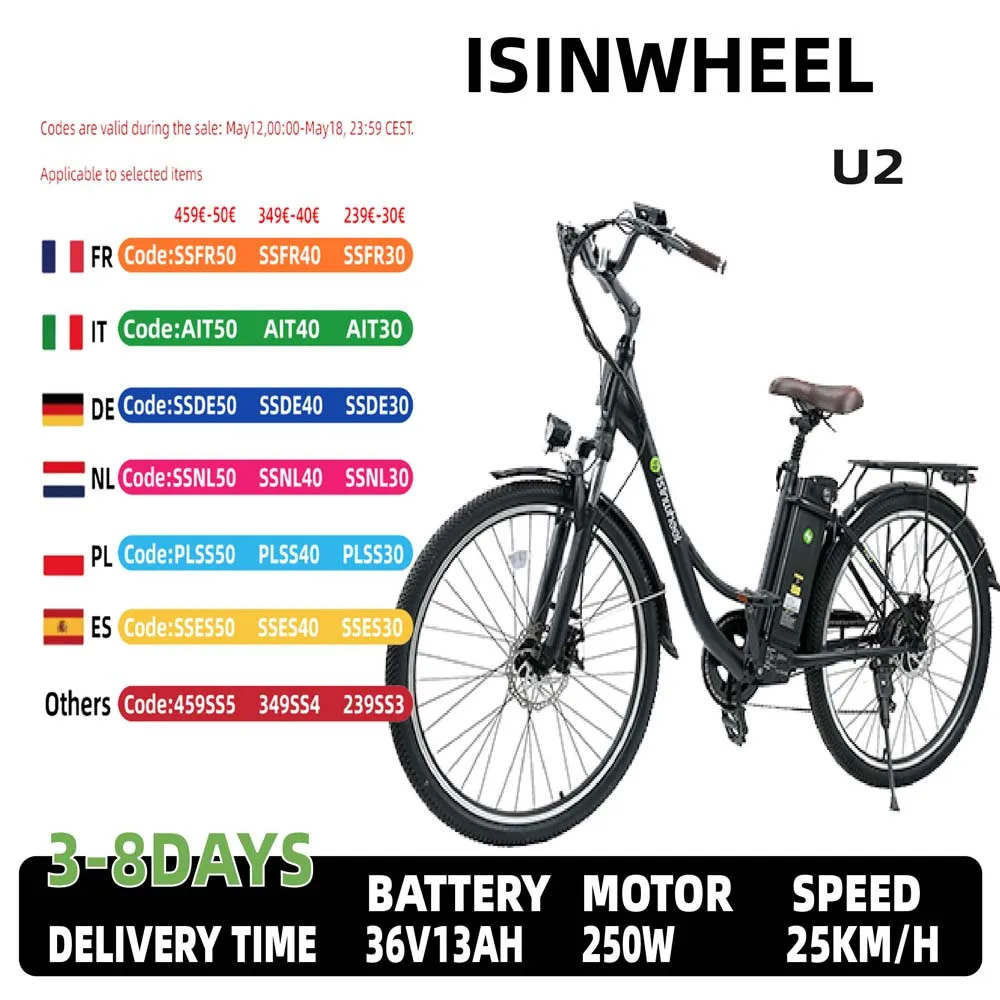 Isinwheel u2 Erwachsenen Elektro kreuzer Fahrrad 350w Motor 36v 13ah Batterie Stadt Pendler Elektro