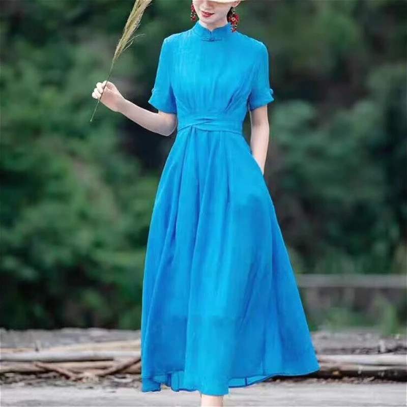 

Long Dress Women Dresses A Line Vestidos Tight Waist Elegant Y2k Streetwear Stand Collar Short Sleeve Party Night Work 2026