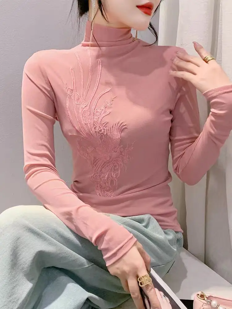 S-4XL Embroideried Floral Mesh Slim Fit High Elastic T Shirt Women Autumn Winter Solid Color Turtleneck Slim T-shirts FF0885