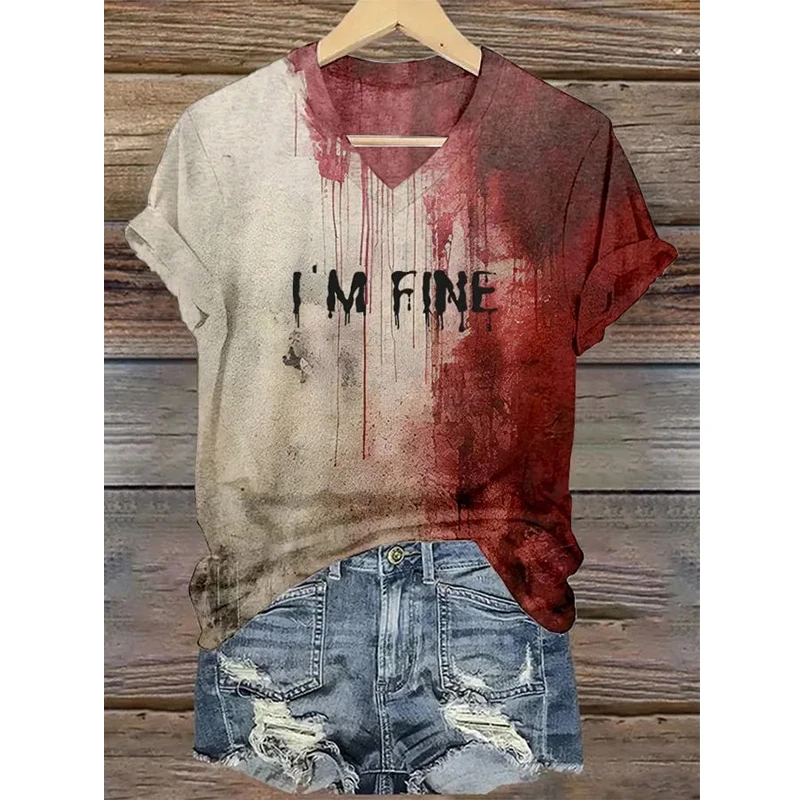 Summer New Fashionable Women's V-Neck Bloody Shirt Solves the Problem of T-Shirts and Interesting Halloween Blood Coats for Wome