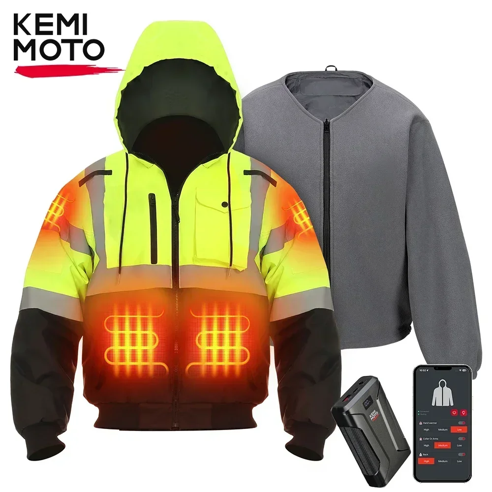 

KEMIMOTO Heated Safety Jacket Men with 20000mAh Battery 3-in-1 High Visibility Jacket Waterproof Windproof for Winter Outdoor