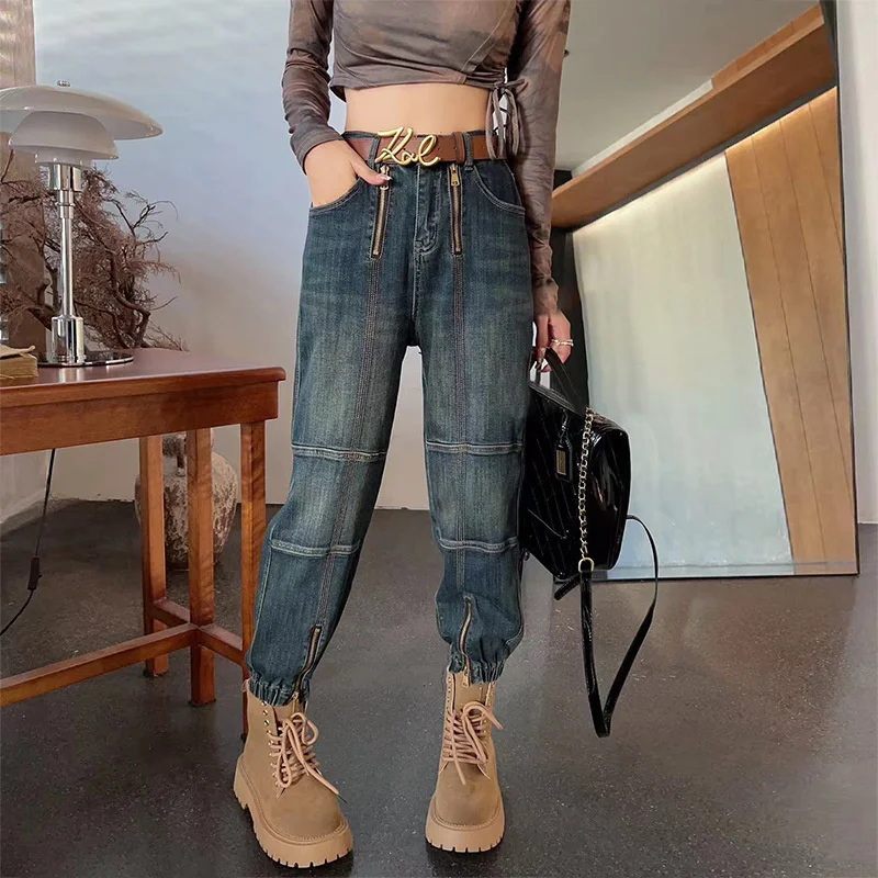 

2023 New Women Double Zip Harajuku Pants Show Lean High Waisted Y2k Pear Shaped Jeans Large Size Bundle Haren Thin Nine Pants