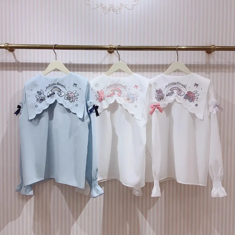 Japanese Lolita Cute Cartoon Heavy Industry Embroidery Doll Collar Shirt Women's Popular Loose Versatile Long-sleeved Top Blouse