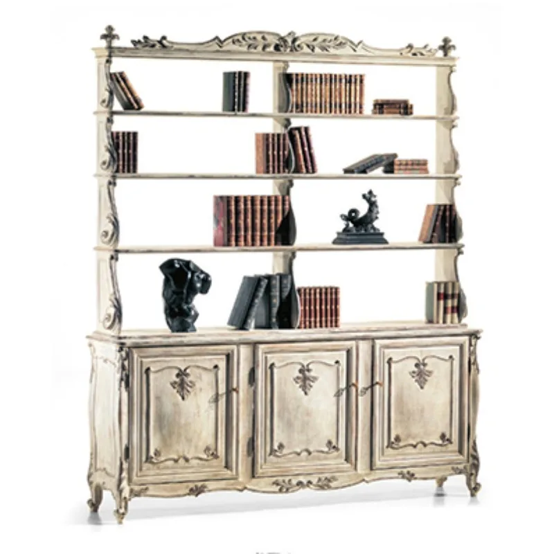 Bookshelf study solid wood carving flower display   beige old locker neoclassical bookshelf villa furniture