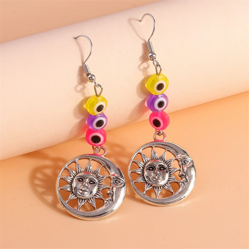 Modische Metall-Sonnen- und Mond-Ohrringe für Damen, handgefertigte Ohrringe mit Augenperlen, hängende Ohrringe, Mädchen-Party- und Festivalschmuck, Geschenke – Detail 2