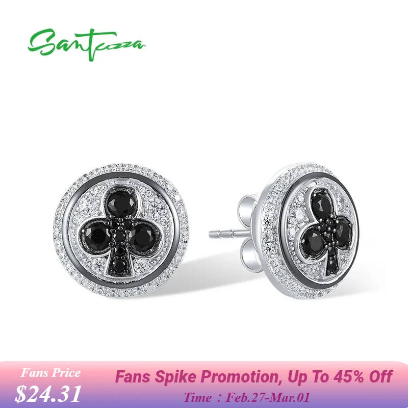 

SANTUZZA Real 925 Sterling Silver Stud Earrings For Women Sparkling White Cubic Zirconia Black Spinel Round Party Fine Jewelry
